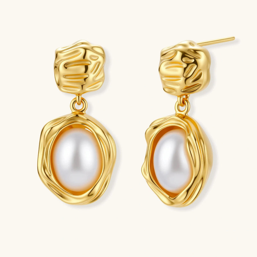 Golden Bloom Pearl Drops earrings photographed for VENIER on a warm ivory product set