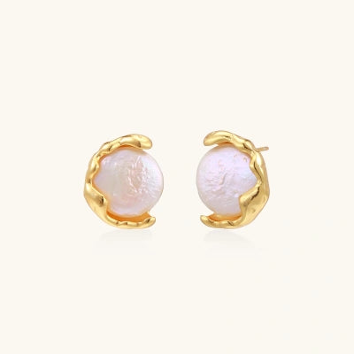Lunar Embrace Studs earrings photographed for VENIER on a warm ivory product set