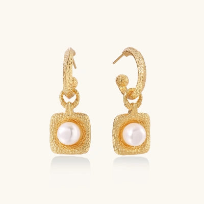 Byzantine Pearl Hoops earrings photographed for VENIER on a warm ivory product set