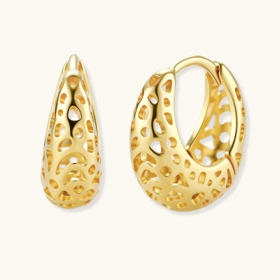Honeycomb Dream Hoops earrings photographed for VENIER on a warm ivory product set