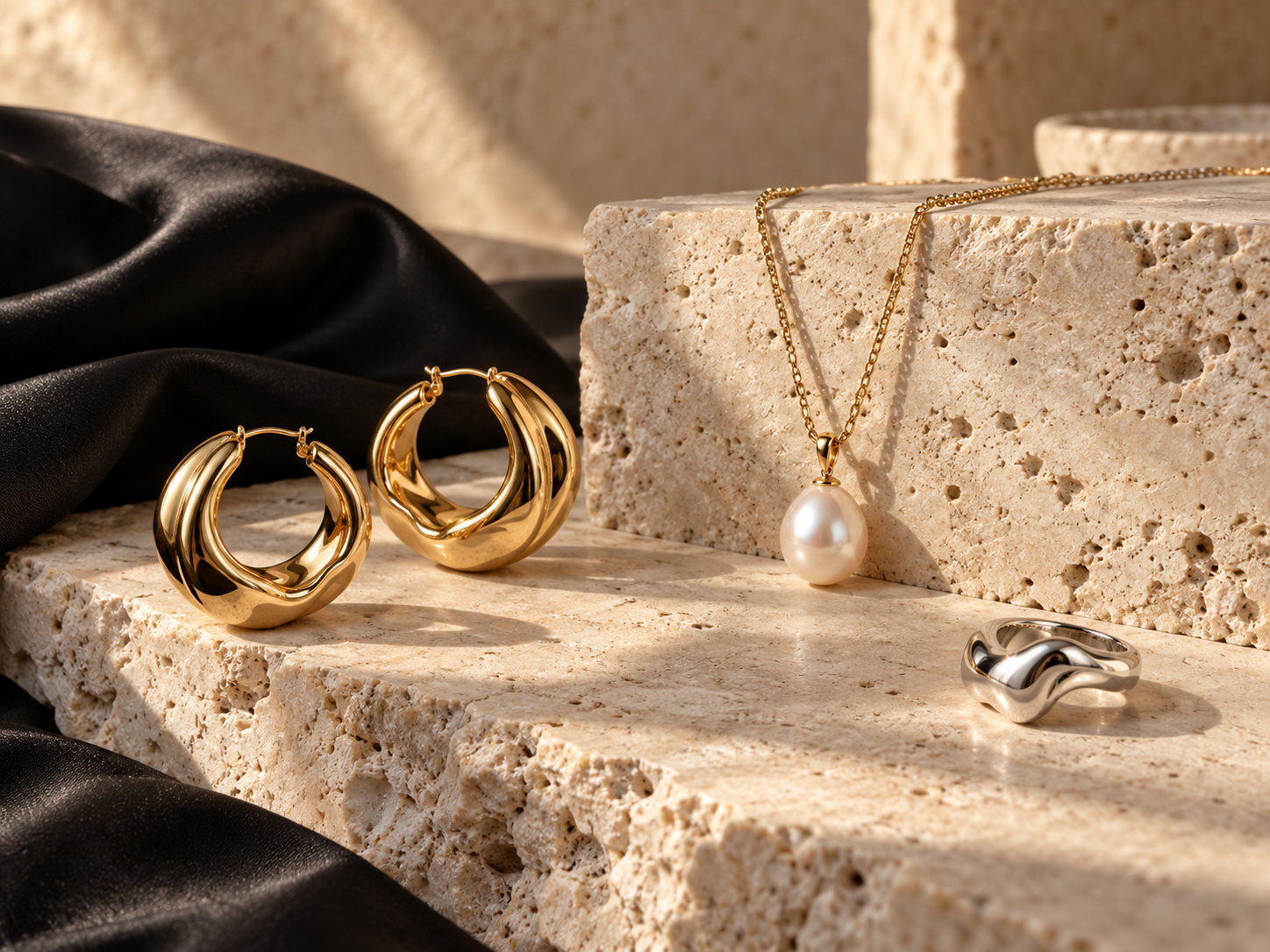 Sculptural VENIER jewelry on warm travertine stone